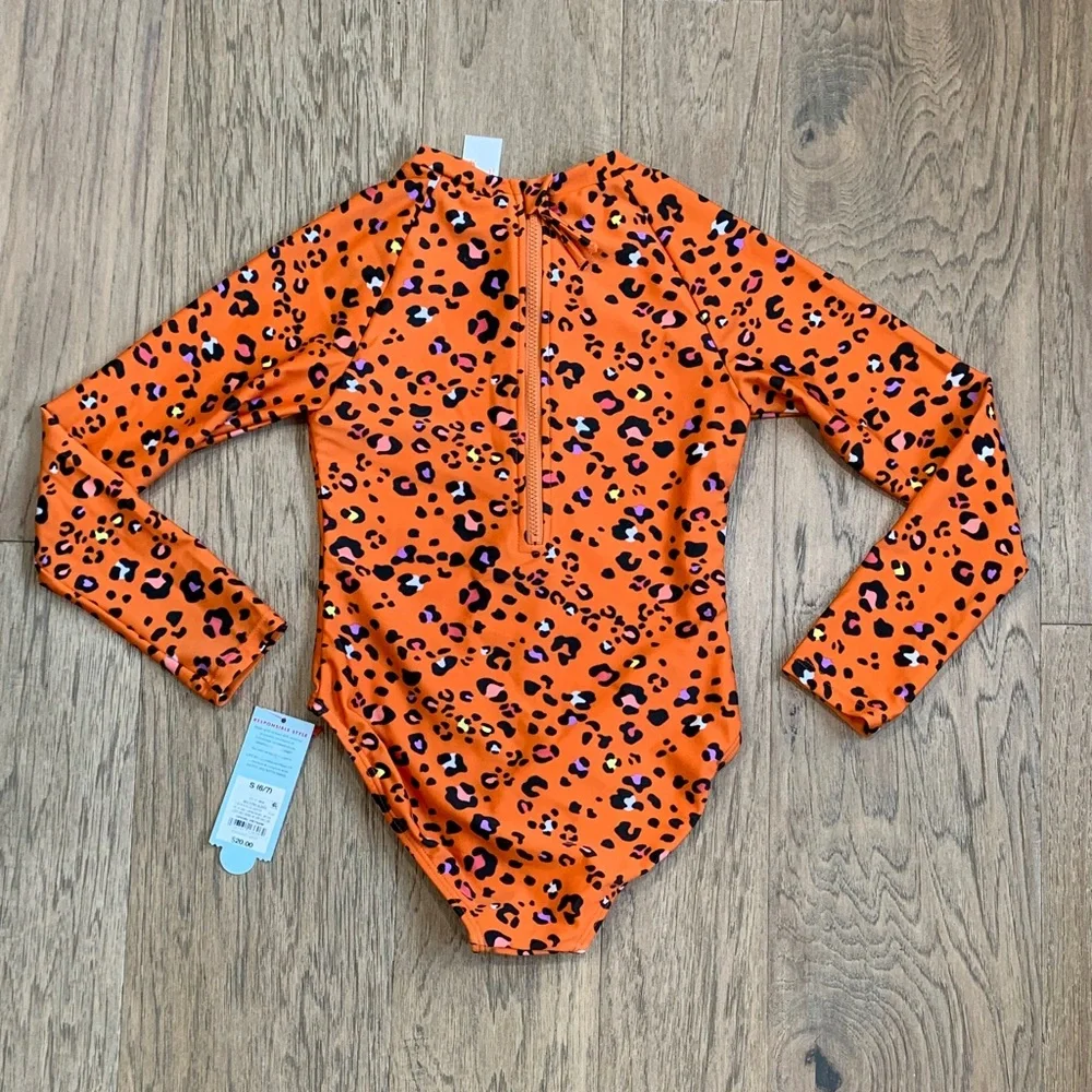 NWT Cat & Jack Orange Leopard Print Long Sleeve One-Piece Swimsuit Size Small - Picture 6 of 6